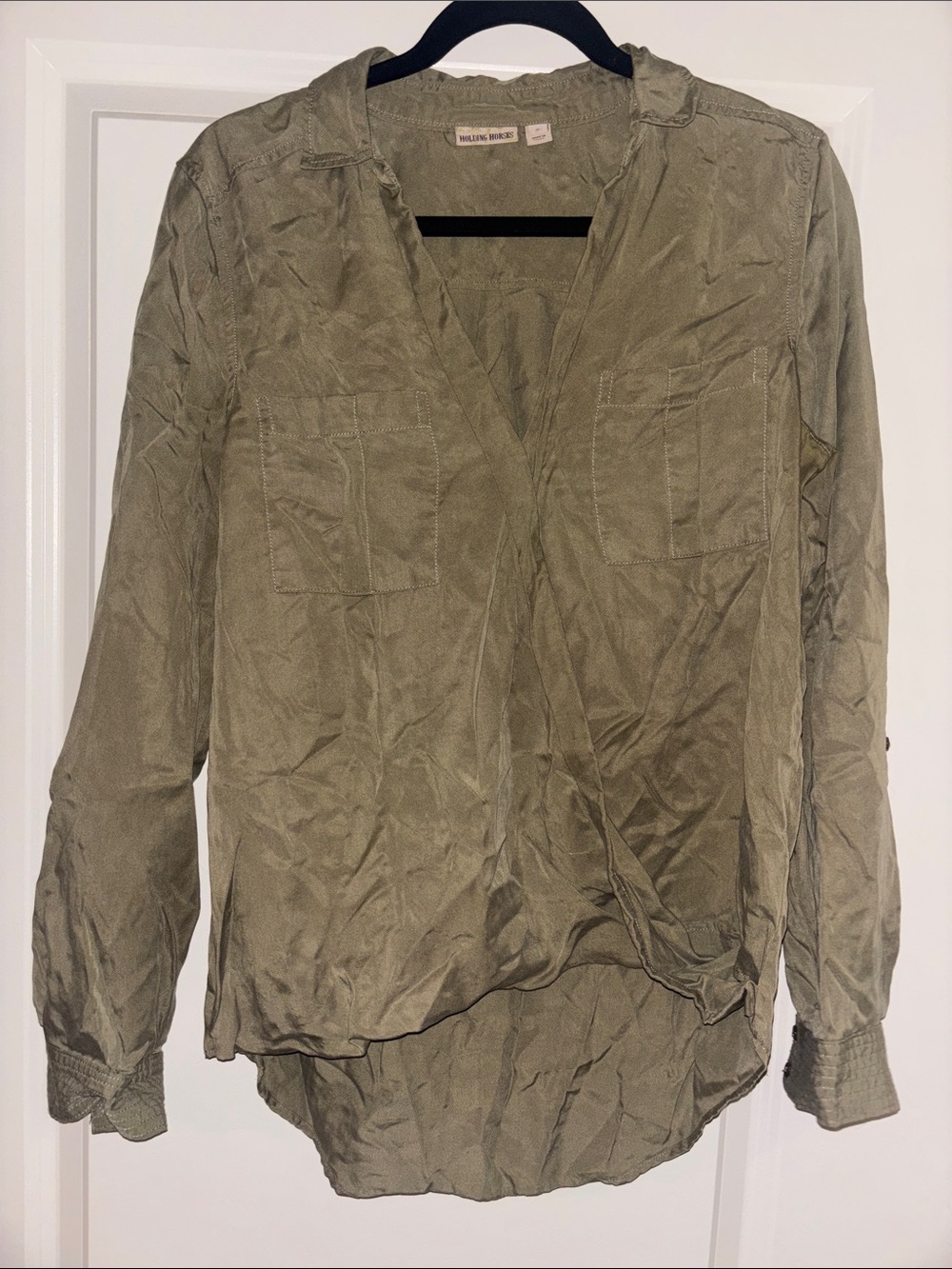 HOLDING HORSES Olive Green Wrap-Style Button Down Shirt
